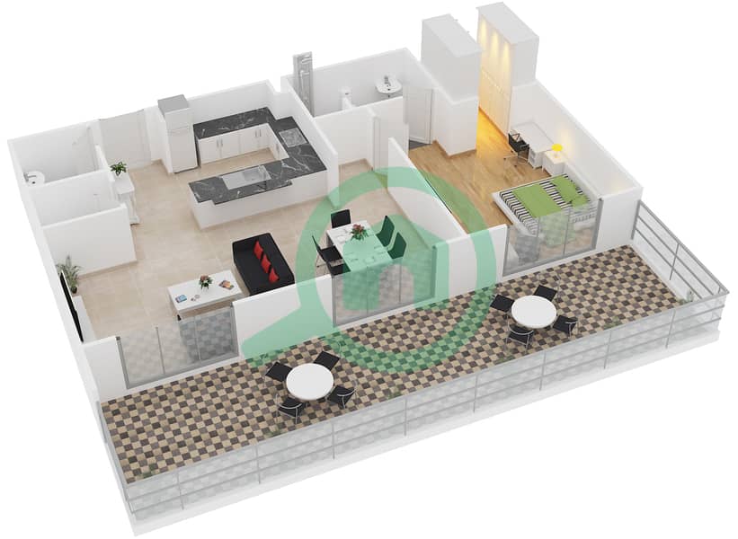 贝尔格莱维亚2号楼 - 1 卧室公寓类型13戶型图 interactive3D