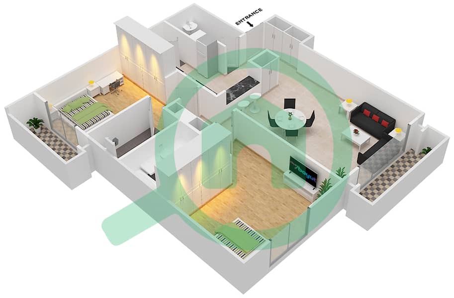网球大厦 - 2 卧室公寓类型A戶型图 interactive3D