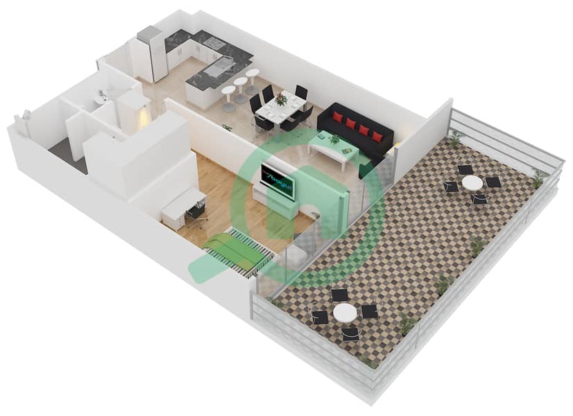 贝尔格莱维亚2号楼 - 1 卧室公寓类型2C戶型图 interactive3D