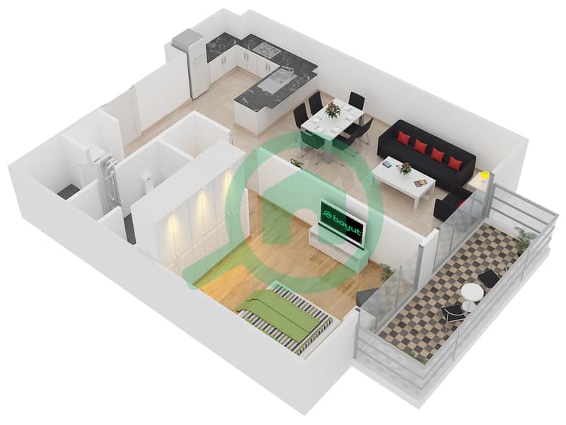 المخططات الطابقية لتصميم النموذج 6 شقة 1 غرفة نوم - بلجرافيا 2 interactive3D