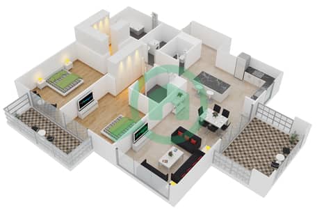 المخططات الطابقية لتصميم النموذج Q شقة 2 غرفة نوم - بلجرافيا 1