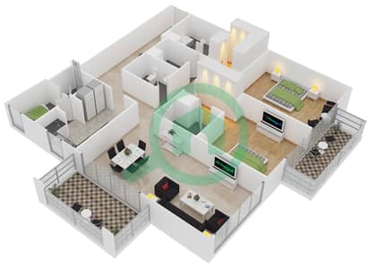 المخططات الطابقية لتصميم النموذج R شقة 2 غرفة نوم - بلجرافيا 1