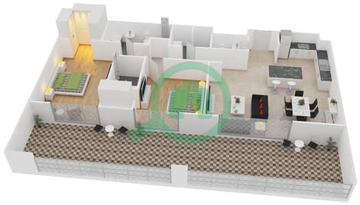 المخططات الطابقية لتصميم النموذج T شقة 2 غرفة نوم - بلجرافيا 1