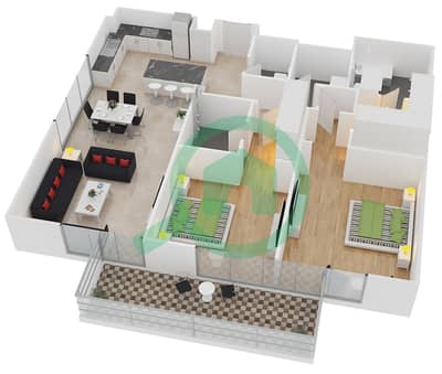 المخططات الطابقية لتصميم النموذج U شقة 2 غرفة نوم - بلجرافيا 1