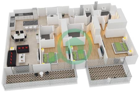 المخططات الطابقية لتصميم النموذج A1 شقة 3 غرف نوم - بلجرافيا 1