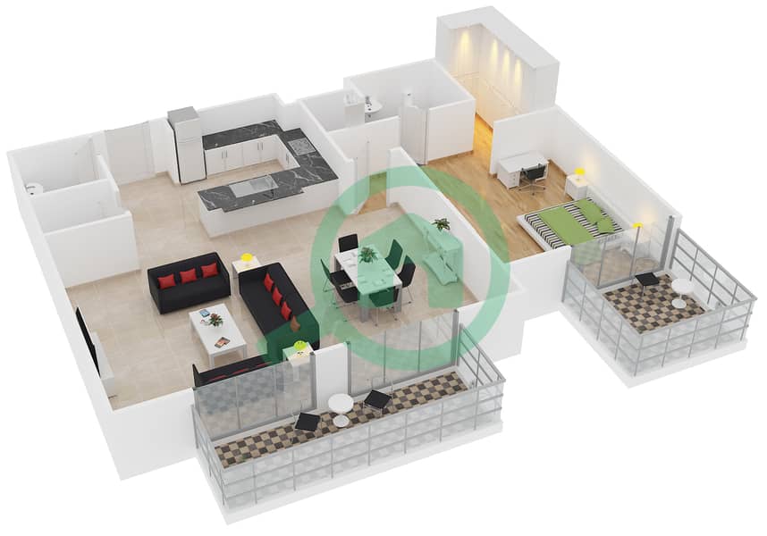 المخططات الطابقية لتصميم النموذج 14 شقة 1 غرفة نوم - بلجرافيا 2 interactive3D