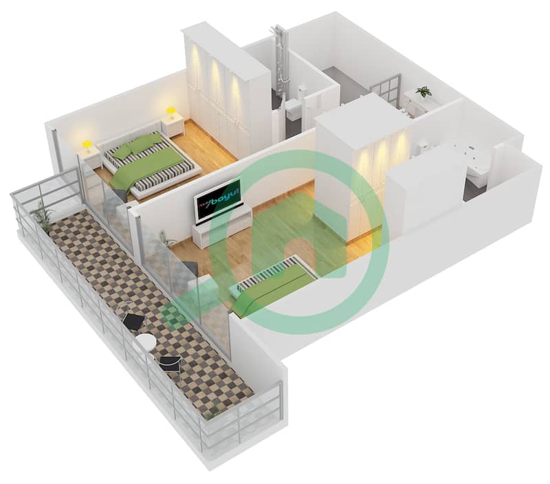 المخططات الطابقية لتصميم النموذج 1E شقة 2 غرفة نوم - بلجرافيا 2 interactive3D
