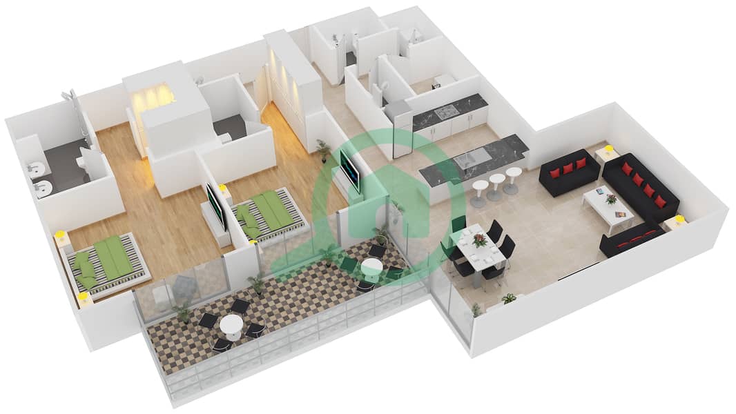 المخططات الطابقية لتصميم النموذج 3-A شقة 2 غرفة نوم - بلجرافيا 2 interactive3D