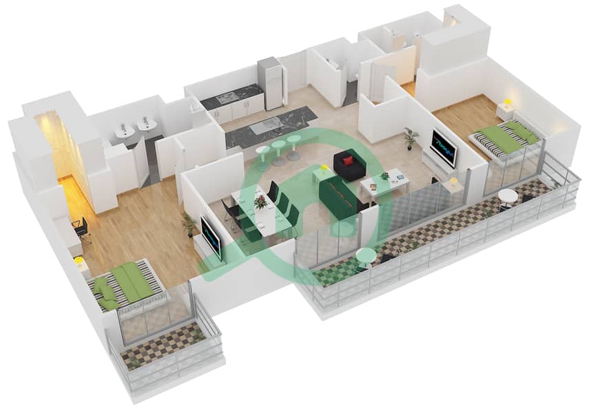 المخططات الطابقية لتصميم النموذج 5-B شقة 2 غرفة نوم - بلجرافيا 2 interactive3D
