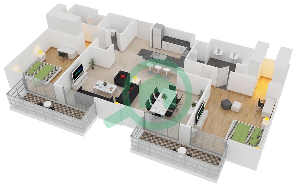 المخططات الطابقية لتصميم النموذج 5-E شقة 2 غرفة نوم - بلجرافيا 2 interactive3D