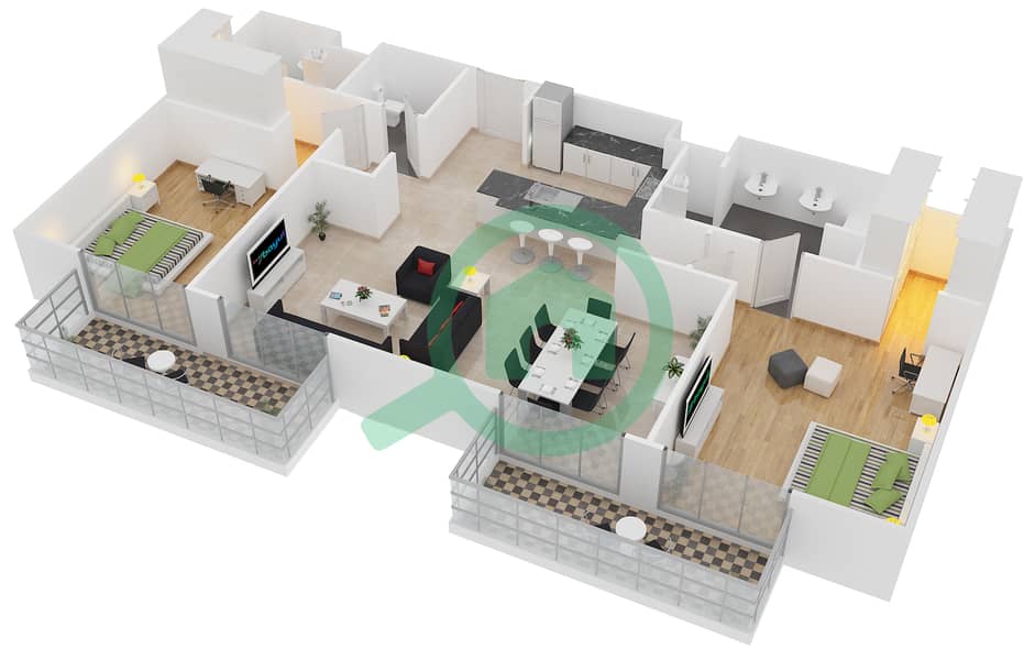 贝尔格莱维亚2号楼 - 2 卧室公寓类型5-EE戶型图 interactive3D