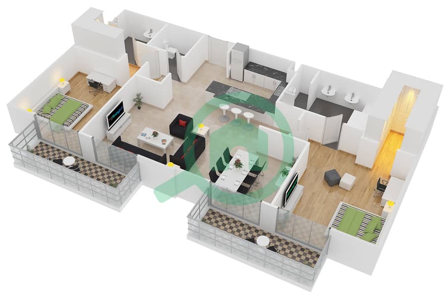 المخططات الطابقية لتصميم النموذج G شقة 2 غرفة نوم - بلجرافيا 2 interactive3D