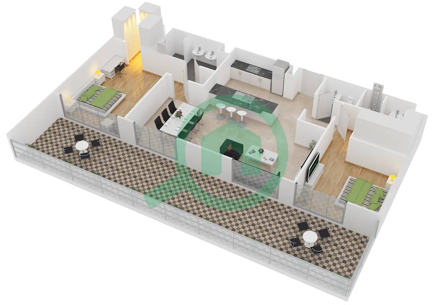 المخططات الطابقية لتصميم النموذج 5 - H شقة 2 غرفة نوم - بلجرافيا 2 interactive3D
