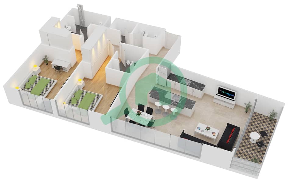 المخططات الطابقية لتصميم النموذج 4 شقة 2 غرفة نوم - بلجرافيا 2 interactive3D