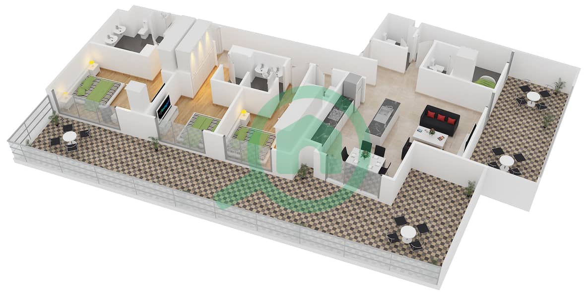 المخططات الطابقية لتصميم النموذج 1 شقة 3 غرف نوم - بلجرافيا 2 interactive3D