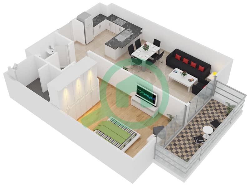 المخططات الطابقية لتصميم النموذج 1 شقة 1 غرفة نوم - بلجرافيا 2 interactive3D