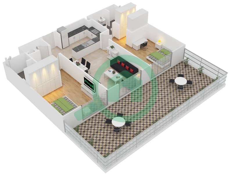 المخططات الطابقية لتصميم النموذج 2-A شقة 2 غرفة نوم - بلجرافيا 2 interactive3D