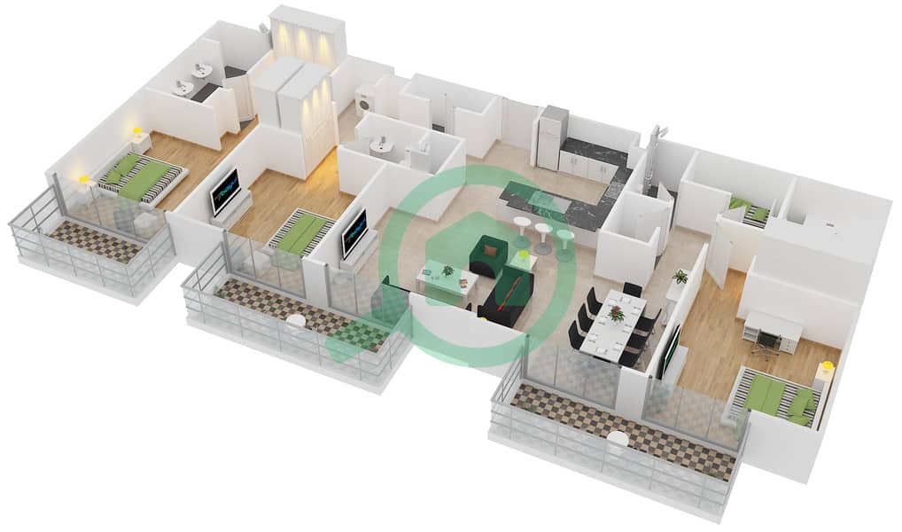 المخططات الطابقية لتصميم النموذج 3 شقة 3 غرف نوم - بلجرافيا 2 interactive3D