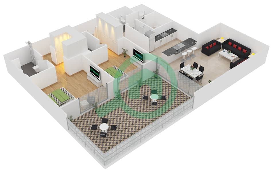 المخططات الطابقية لتصميم النموذج 3 شقة 2 غرفة نوم - بلجرافيا 2 interactive3D