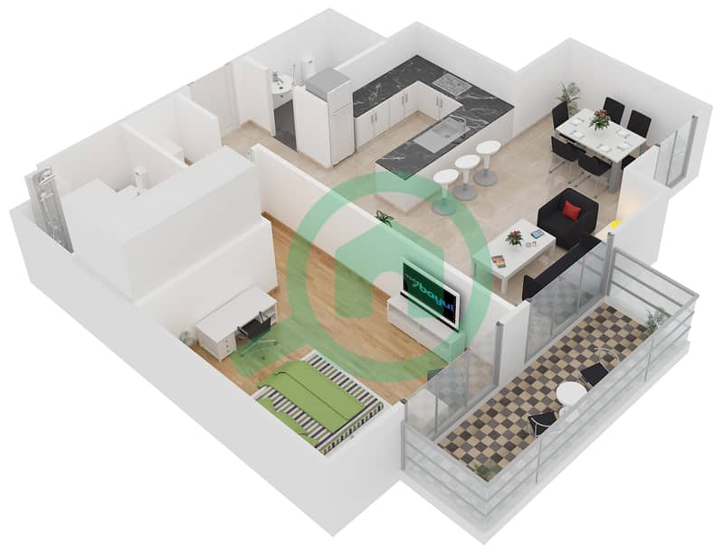 المخططات الطابقية لتصميم النموذج 3 شقة 1 غرفة نوم - بلجرافيا 2 interactive3D