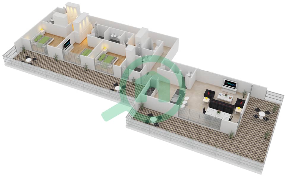 المخططات الطابقية لتصميم النموذج 2 شقة 3 غرف نوم - بلجرافيا 2 interactive3D