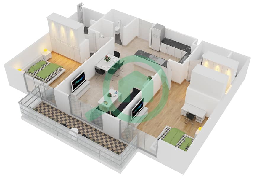 贝尔格莱维亚2号楼 - 2 卧室公寓类型2戶型图 interactive3D