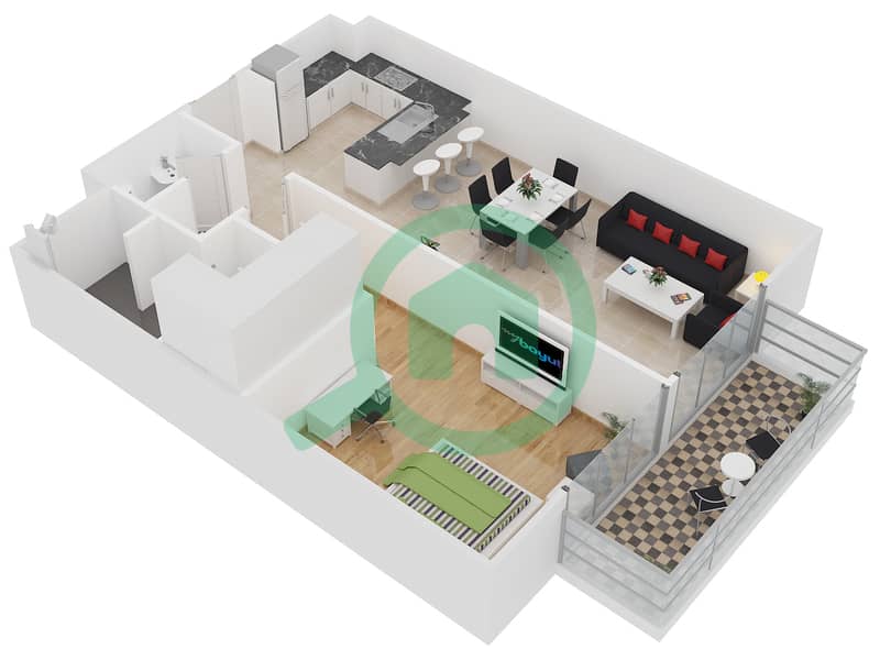 المخططات الطابقية لتصميم النموذج 2 شقة 1 غرفة نوم - بلجرافيا 2 interactive3D