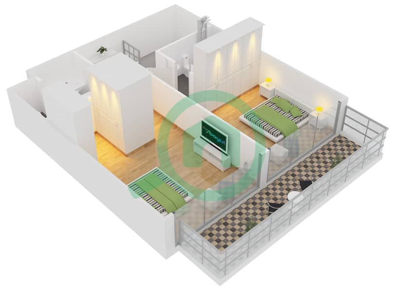 المخططات الطابقية لتصميم النموذج 1D شقة 2 غرفة نوم - بلجرافيا 2 interactive3D