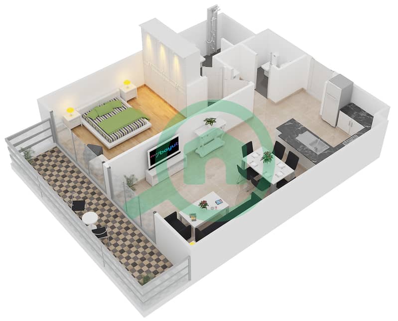 المخططات الطابقية لتصميم النموذج 1D شقة 1 غرفة نوم - بلجرافيا 2 interactive3D