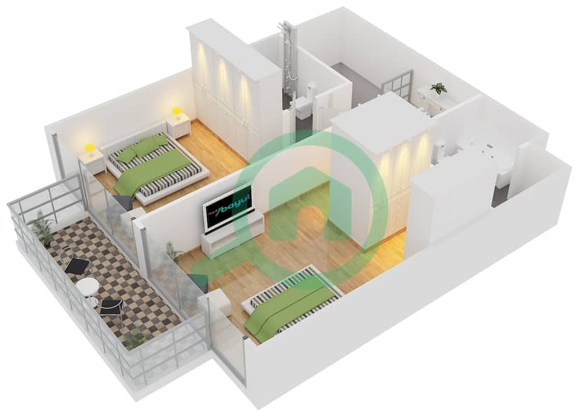 المخططات الطابقية لتصميم النموذج 1A شقة 2 غرفة نوم - بلجرافيا 2 interactive3D