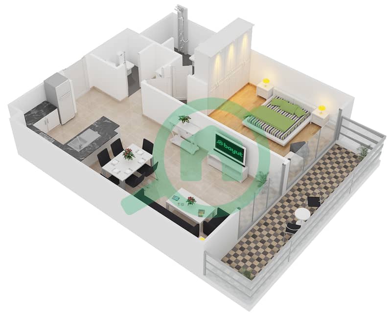 المخططات الطابقية لتصميم النموذج 1A شقة 1 غرفة نوم - بلجرافيا 2 interactive3D