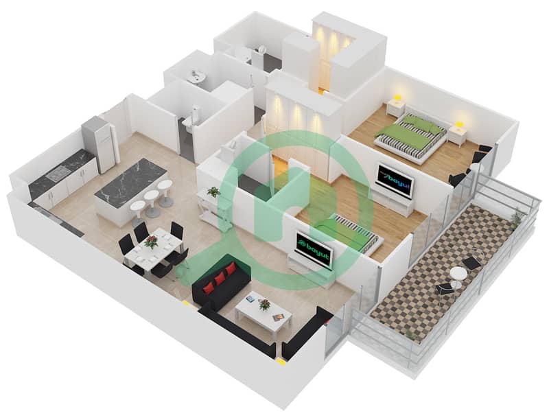 المخططات الطابقية لتصميم النموذج L شقة 2 غرفة نوم - بلجرافيا 1 interactive3D