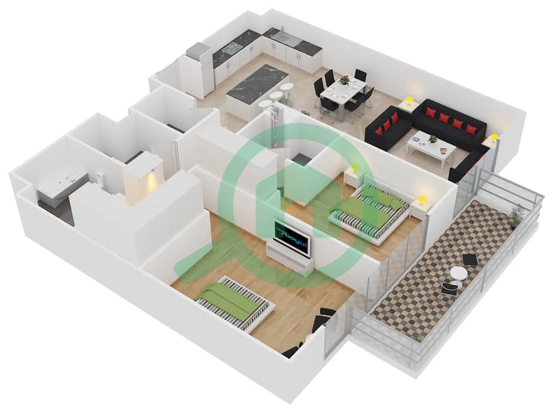 المخططات الطابقية لتصميم النموذج M شقة 2 غرفة نوم - بلجرافيا 1 interactive3D