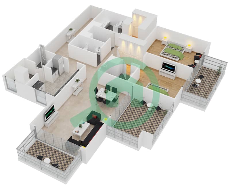 Белгравия 1 - Апартамент 2 Cпальни планировка Тип N interactive3D