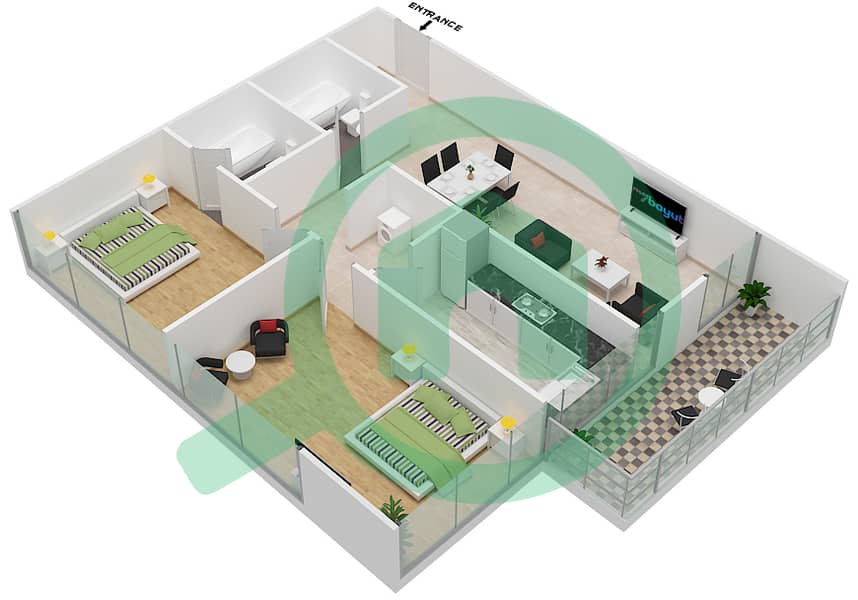 المخططات الطابقية لتصميم النموذج A1 شقة 2 غرفة نوم - رويال ريزيدنس 1 interactive3D