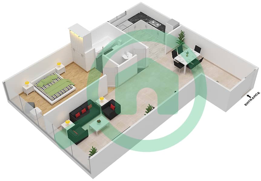 المخططات الطابقية لتصميم النموذج A1 شقة 1 غرفة نوم - رويال ريزيدنس 1 interactive3D