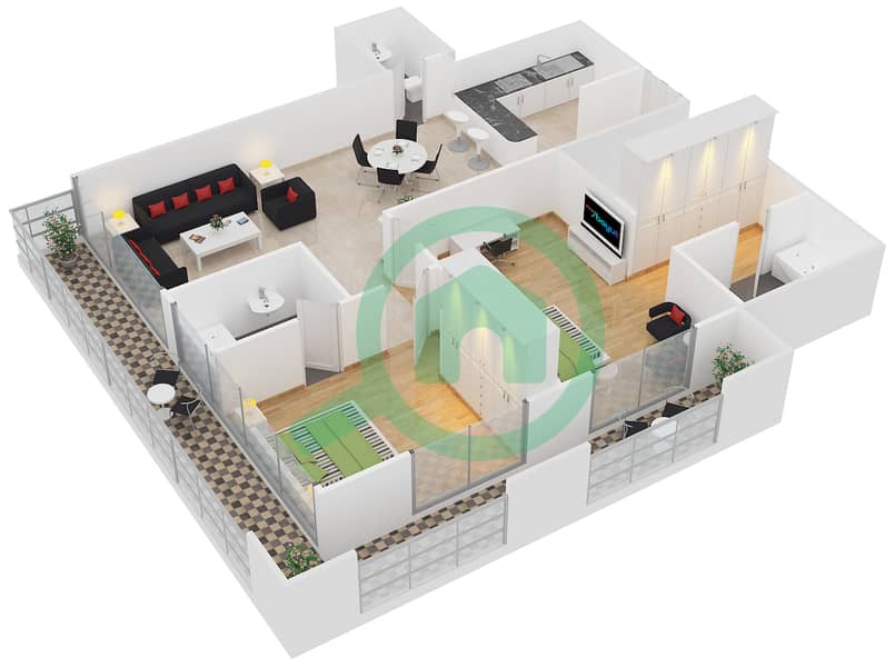 المخططات الطابقية لتصميم النموذج / الوحدة I/16 شقة 2 غرفة نوم - برج فرانكفورت الرياضي interactive3D