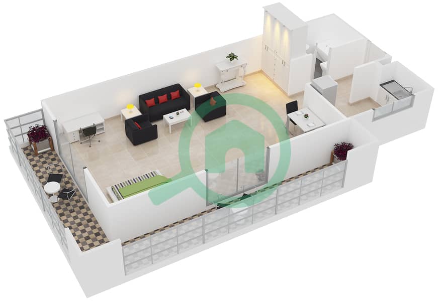 المخططات الطابقية لتصميم النموذج / الوحدة H /1 شقة استوديو - برج فرانكفورت الرياضي interactive3D