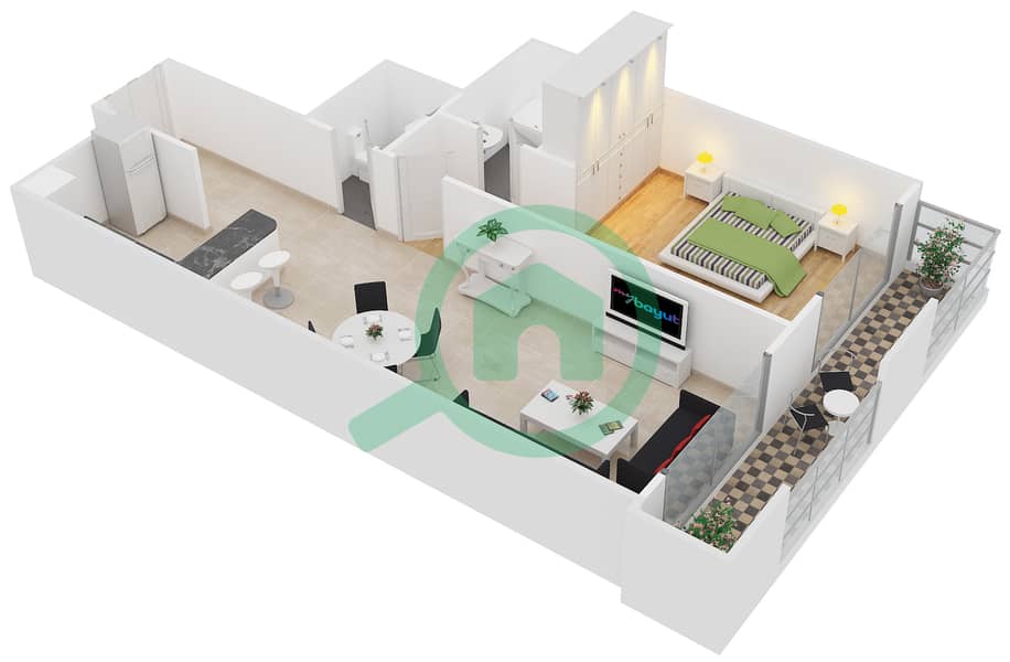 المخططات الطابقية لتصميم النموذج / الوحدة C /14 شقة 1 غرفة نوم - برج فرانكفورت الرياضي interactive3D