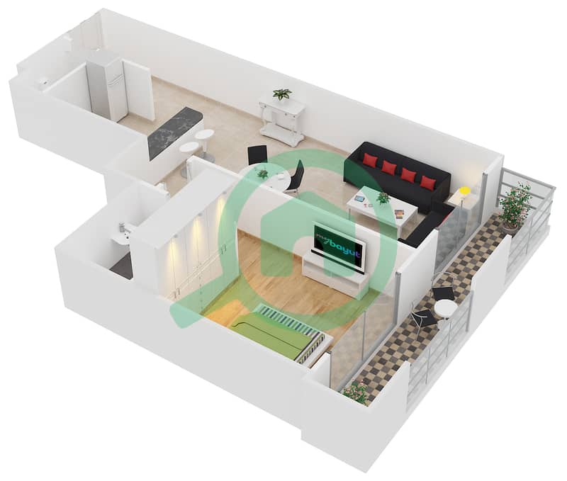 المخططات الطابقية لتصميم النموذج / الوحدة B /5 شقة 1 غرفة نوم - برج فرانكفورت الرياضي interactive3D