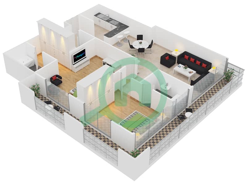المخططات الطابقية لتصميم النموذج / الوحدة A /15 شقة 2 غرفة نوم - برج فرانكفورت الرياضي interactive3D