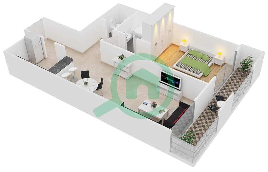 法兰克福体育塔 - 1 卧室公寓类型／单位A /6戶型图 interactive3D
