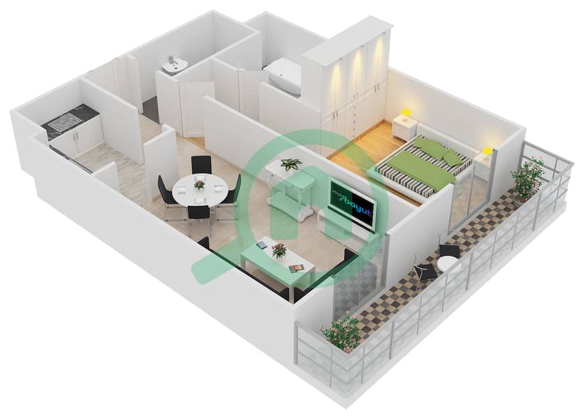 المخططات الطابقية لتصميم النموذج D شقة 1 غرفة نوم - برج فرانكفورت الرياضي interactive3D