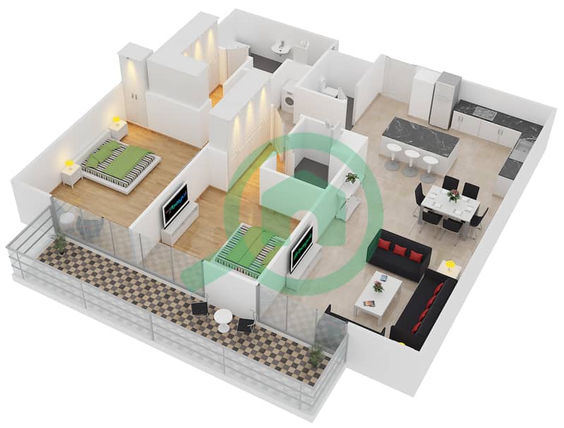 贝尔格莱维亚1号楼 - 2 卧室公寓类型O戶型图 interactive3D