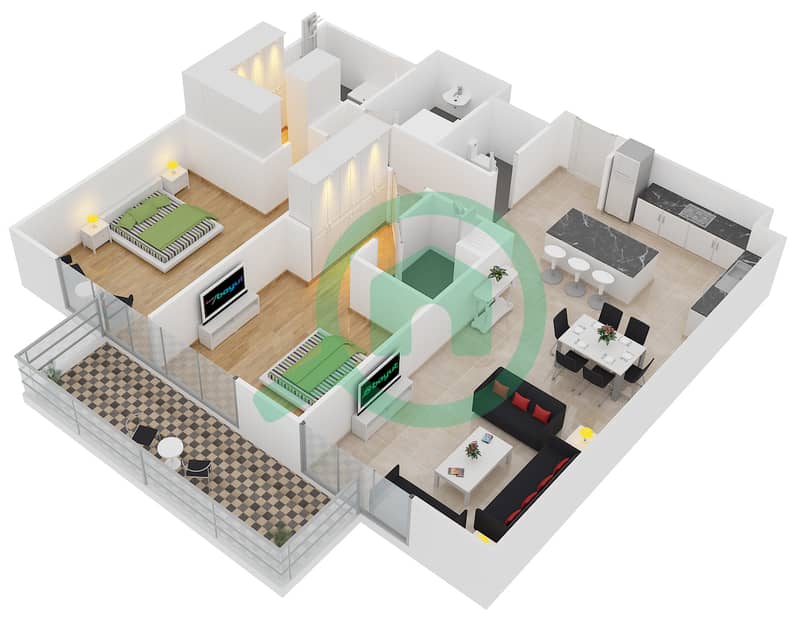 Белгравия 1 - Апартамент 2 Cпальни планировка Тип P interactive3D