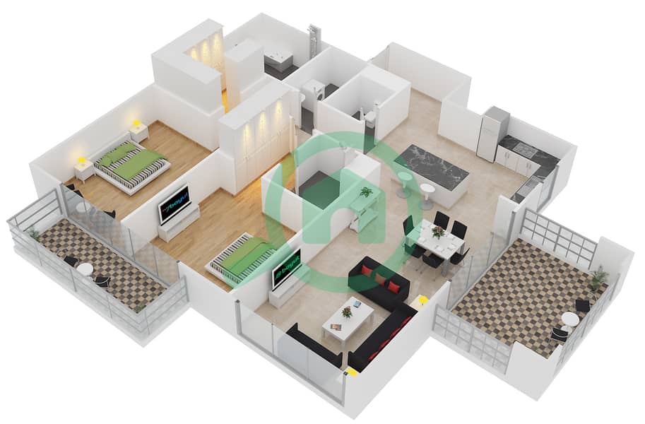 المخططات الطابقية لتصميم النموذج Q شقة 2 غرفة نوم - بلجرافيا 1 interactive3D