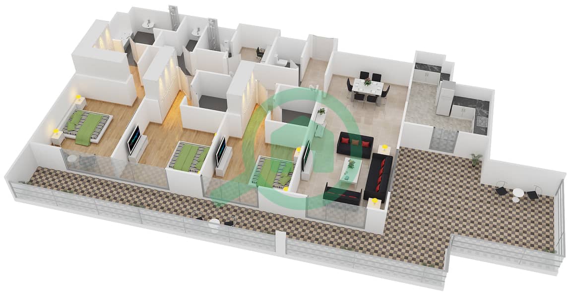 المخططات الطابقية لتصميم النموذج Z شقة 3 غرف نوم - بلجرافيا 1 interactive3D