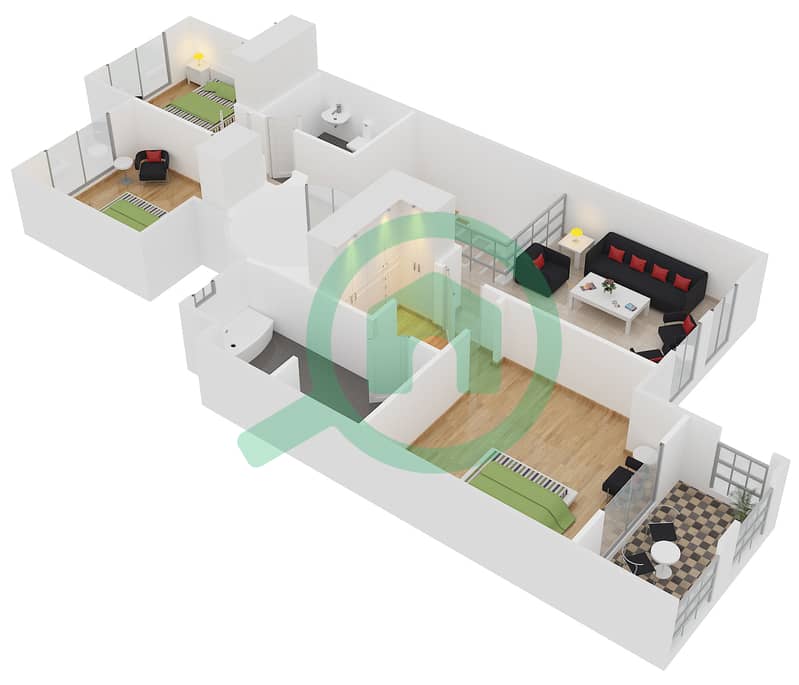المخططات الطابقية لتصميم النموذج 1 MIDDLE UNIT تاون هاوس 4 غرف نوم - الریم 2 interactive3D