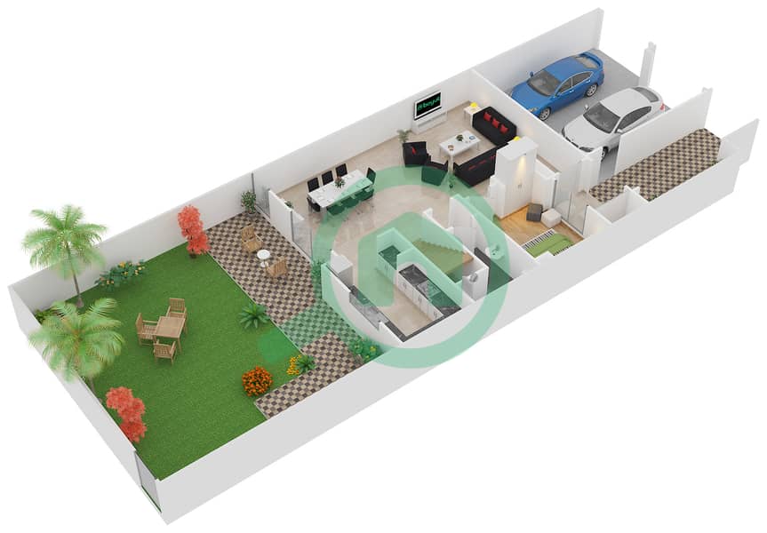 المخططات الطابقية لتصميم النموذج TH-2 تاون هاوس 4 غرف نوم - فيكتوري هايتس Ground Floor interactive3D