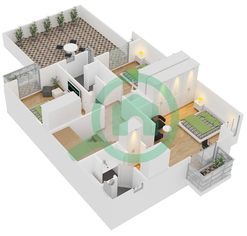 المخططات الطابقية لتصميم النموذج TH-2 تاون هاوس 4 غرف نوم - فيكتوري هايتس First Floor interactive3D